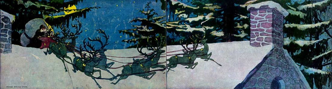 Santa's sleigh and reindeer on the moonlit rooftop