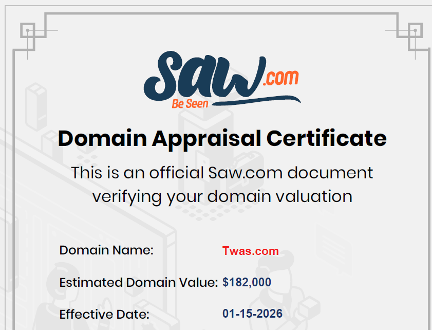 Saw.com Domain Appraisal Certificate - $182,000
